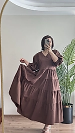 Acı Kahve Balon Kol Elbise