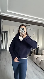 Lacivert Fermuarlı Devrik Yaka Hırka