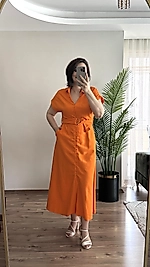 Turunçu Keten Elbise